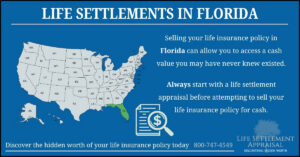 Infographic about life settlements in Florida, showing a map of the United States with Florida highlighted and explaining that selling a life insurance policy in Florida may provide access to hidden cash value through a life settlement appraisal.