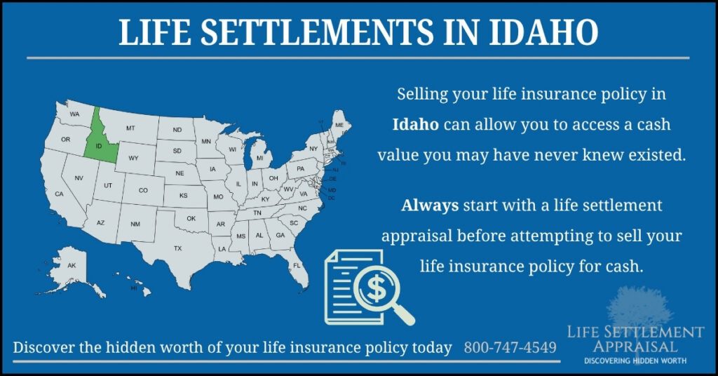 Infographic about life settlements in Idaho, showing a map of the United States with Idaho highlighted and explaining that selling a life insurance policy in Idaho may provide access to hidden cash value through a life settlement appraisal.