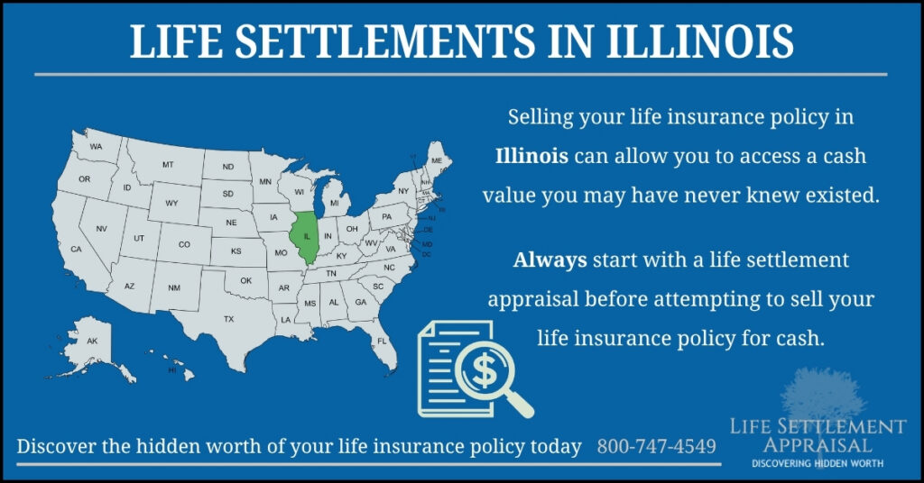 Infographic about life settlements in Illinois, showing a map of the United States with Illinois highlighted and explaining that selling a life insurance policy in Illinois may provide access to hidden cash value through a life settlement appraisal.