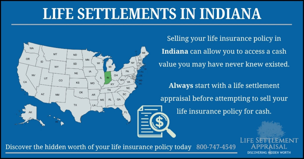Infographic about life settlements in Indiana, showing a map of the United States with Indiana highlighted and explaining that selling a life insurance policy in Indiana may provide access to hidden cash value through a life settlement appraisal.