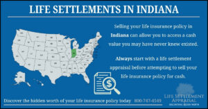 Infographic about life settlements in Indiana, showing a map of the United States with Indiana highlighted and explaining that selling a life insurance policy in Indiana may provide access to hidden cash value through a life settlement appraisal.
