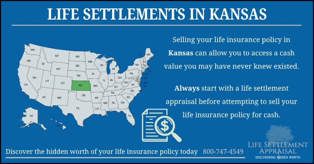 Infographic about life settlements in Kansas, showing a map of the United States with Kansas highlighted and explaining that selling a life insurance policy in Kansas may provide access to hidden cash value through a life settlement appraisal.