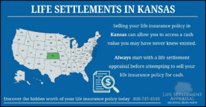 Infographic about life settlements in Kansas, showing a map of the United States with Kansas highlighted and explaining that selling a life insurance policy in Kansas may provide access to hidden cash value through a life settlement appraisal.