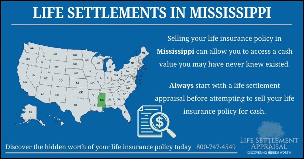 Infographic about life settlements in Mississippi, showing a map of the United States with Mississippi highlighted and explaining that selling a life insurance policy in Mississippi may provide access to hidden cash value through a life settlement appraisal.