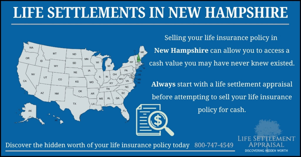 Infographic about life settlements in New Hampshire, showing a map of the United States with New Hampshire highlighted and explaining that selling a life insurance policy in New Hampshire may provide access to hidden cash value through a life settlement appraisal.
