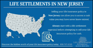 Infographic about life settlements in New Jersey, showing a map of the United States with New Jersey highlighted and explaining that selling a life insurance policy in New Jersey may provide access to hidden cash value through a life settlement appraisal.