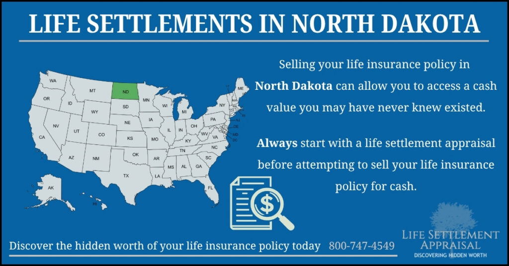 Infographic about life settlements in North Dakota, showing a map of the United States with North Dakota highlighted and explaining that selling a life insurance policy in North Dakota may provide access to hidden cash value through a life settlement appraisal.