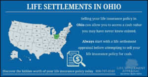 Infographic about life settlements in Ohio, showing a map of the United States with Ohio highlighted and explaining that selling a life insurance policy in Ohio may provide access to hidden cash value through a life settlement appraisal.