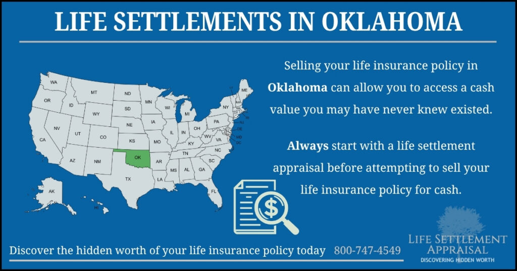 Infographic about life settlements in Oklahoma, showing a map of the United States with Oklahoma highlighted and explaining that selling a life insurance policy in Oklahoma may provide access to hidden cash value through a life settlement appraisal.
