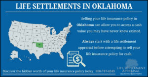 Infographic about life settlements in Oklahoma, showing a map of the United States with Oklahoma highlighted and explaining that selling a life insurance policy in Oklahoma may provide access to hidden cash value through a life settlement appraisal.