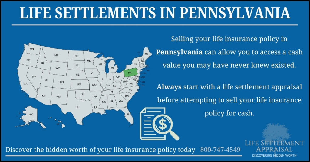 Infographic about life settlements in Pennsylvania, showing a map of the United States with Pennsylvania highlighted and explaining that selling a life insurance policy in Pennsylvania may provide access to hidden cash value through a life settlement appraisal.