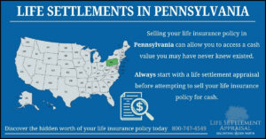 Infographic about life settlements in Pennsylvania, showing a map of the United States with Pennsylvania highlighted and explaining that selling a life insurance policy in Pennsylvania may provide access to hidden cash value through a life settlement appraisal.