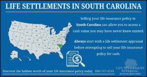 Infographic about life settlements in South Carolina, showing a map of the United States with South Carolina highlighted and explaining that selling a life insurance policy in South Carolina may provide access to hidden cash value through a life settlement appraisal.