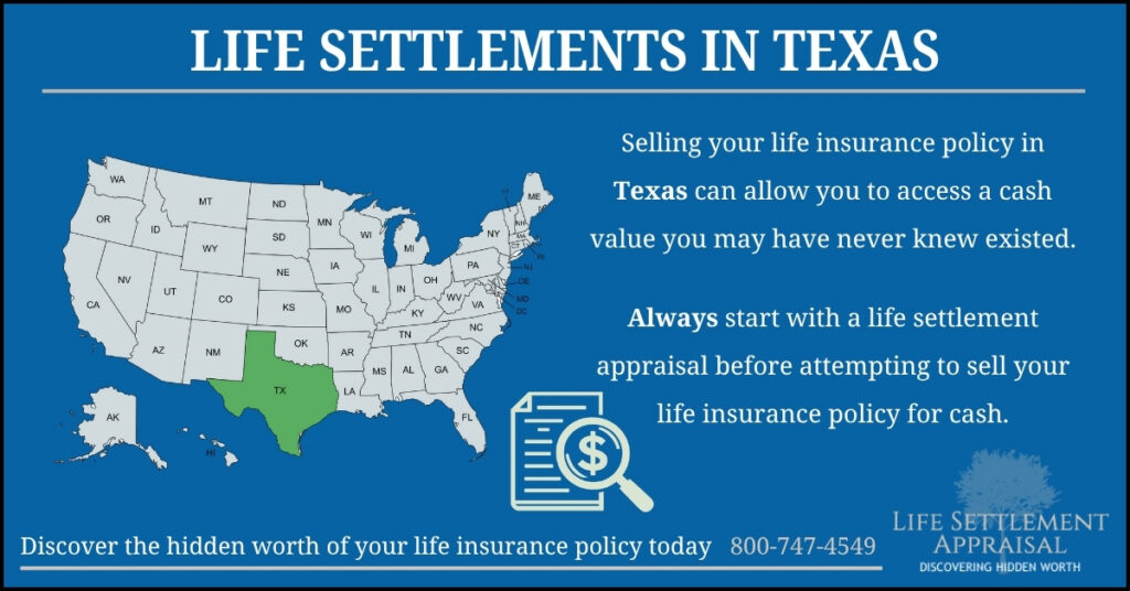 Infographic about life settlements in Texas, showing a map of the United States with Texas highlighted and explaining that selling a life insurance policy in Texas may provide access to hidden cash value through a life settlement appraisal.