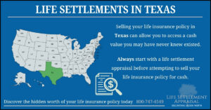 Infographic about life settlements in Texas, showing a map of the United States with Texas highlighted and explaining that selling a life insurance policy in Texas may provide access to hidden cash value through a life settlement appraisal.