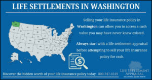 Infographic about life settlements in Washington, showing a map of the United States with Washington highlighted and explaining that selling a life insurance policy in Washington may provide access to hidden cash value through a life settlement appraisal.