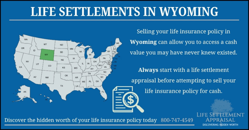 Infographic about life settlements in Wyoming, showing a map of the United States with Wyoming highlighted and explaining that selling a life insurance policy in Wyoming may provide access to hidden cash value through a life settlement appraisal.