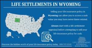 Infographic about life settlements in Wyoming, showing a map of the United States with Wyoming highlighted and explaining that selling a life insurance policy in Wyoming may provide access to hidden cash value through a life settlement appraisal.