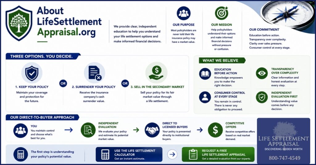 Infographic about LifeSettlementAppraisal.org explaining life settlements, policy valuation, consumer education, and the process of evaluating life insurance policies for potential market value.