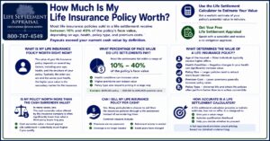 Infographic showing “How Much Is My Life Insurance Policy Worth?” including common life settlement payout ranges, factors that affect policy value, and comparisons between life settlements and cash surrender value.