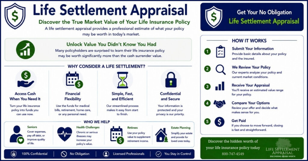 Infographic showing how a life settlement appraisal helps evaluate policy eligibility and estimate potential market value.