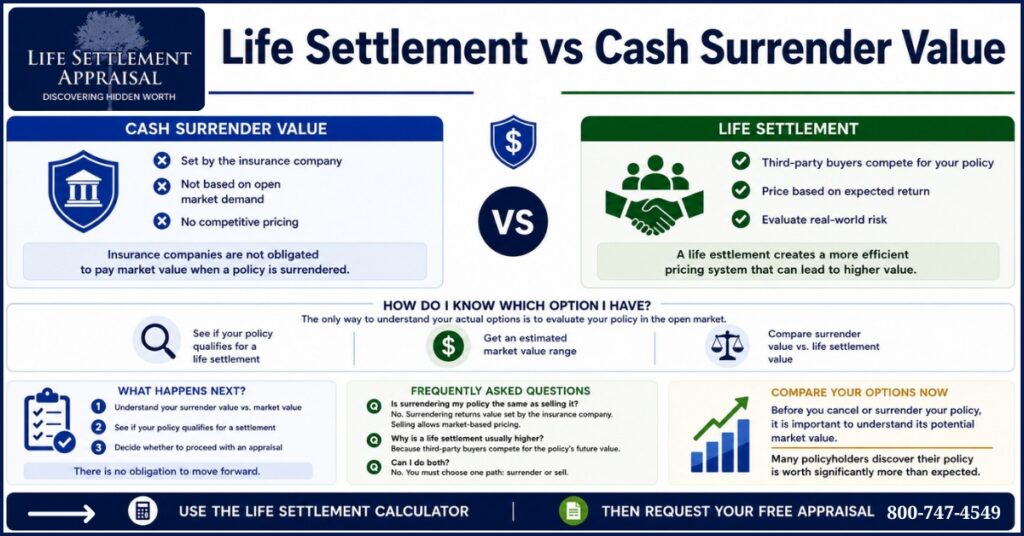 Infographic showing the differences between a life settlement vs cash surrender value, including how policy pricing works, potential payout comparisons, and why life settlements may provide higher market value.