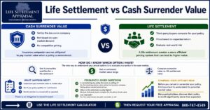 Infographic showing the differences between a life settlement vs cash surrender value, including how policy pricing works, potential payout comparisons, and why life settlements may provide higher market value.