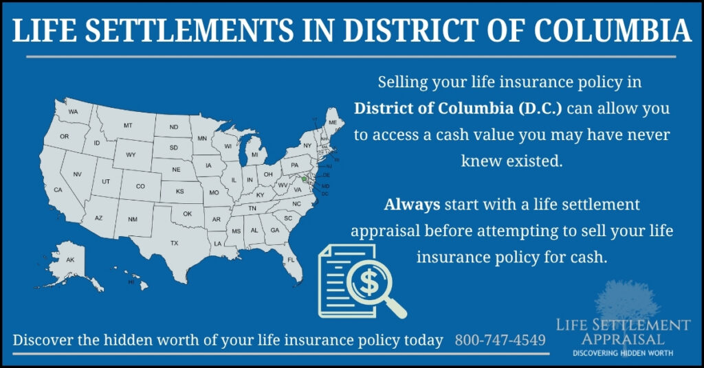 Infographic about life settlements in District of Columbia, showing a map of the United States with District of Columbia highlighted and explaining that selling a life insurance policy in District of Columbia may provide access to hidden cash value through a life settlement appraisal.