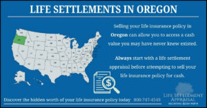 Infographic about life settlements in Oregon, showing a map of the United States with Oregon highlighted and explaining that selling a life insurance policy in Oregon may provide access to hidden cash value through a life settlement appraisal.